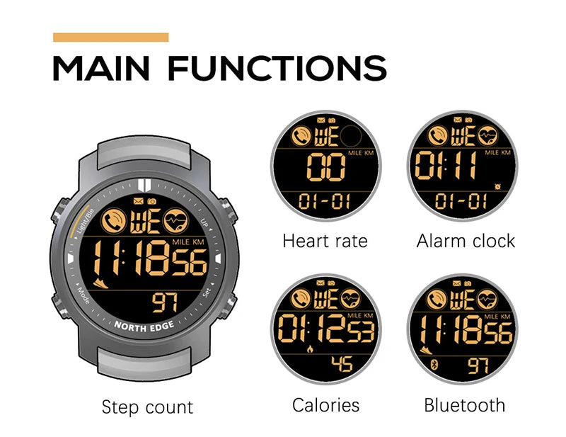 NORTH EDGE Men's Digital Watch Military Waterproof 50M Running Sports Pedometer Stopwatch Watch Heart Rate Wristband Android IOS