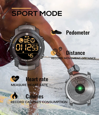 NORTH EDGE Men's Digital Watch Military Waterproof 50M Running Sports Pedometer Stopwatch Watch Heart Rate Wristband Android IOS