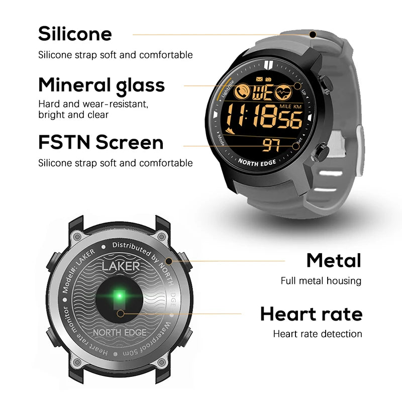 NORTH EDGE Men's Digital Watch Military Waterproof 50M Running Sports Pedometer Stopwatch Watch Heart Rate Wristband Android IOS