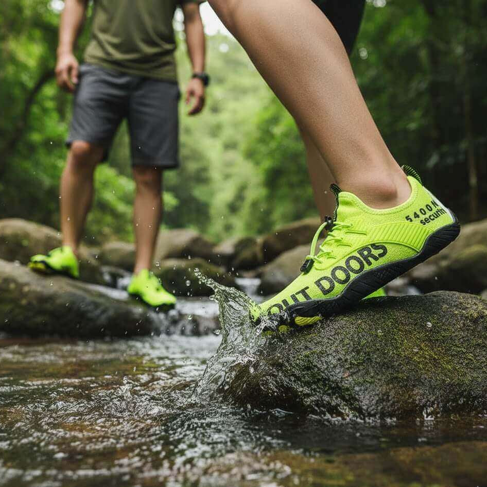 sapatilha aquatica verde respiravel no rio  - casal aravessando  rio 