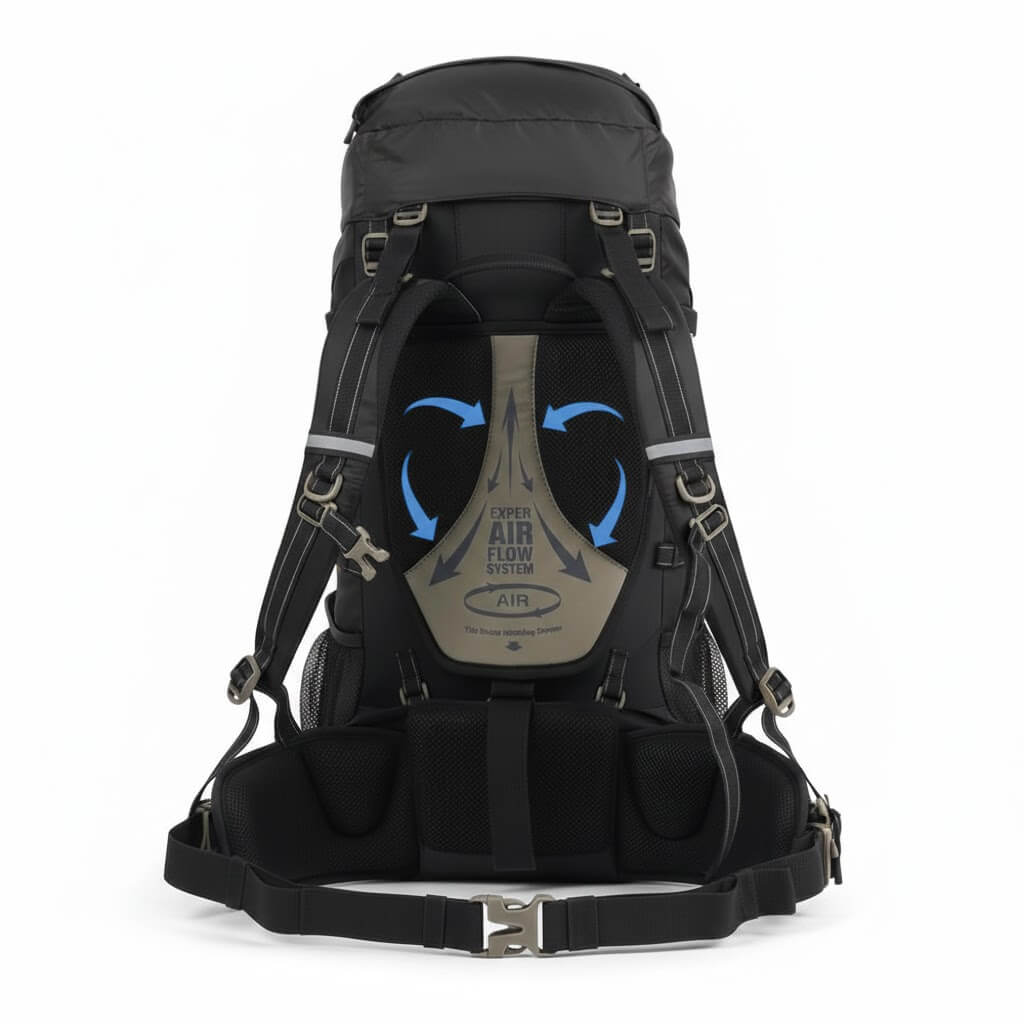 mochila cargueira 70 litros_modelo usando a preta_traseira