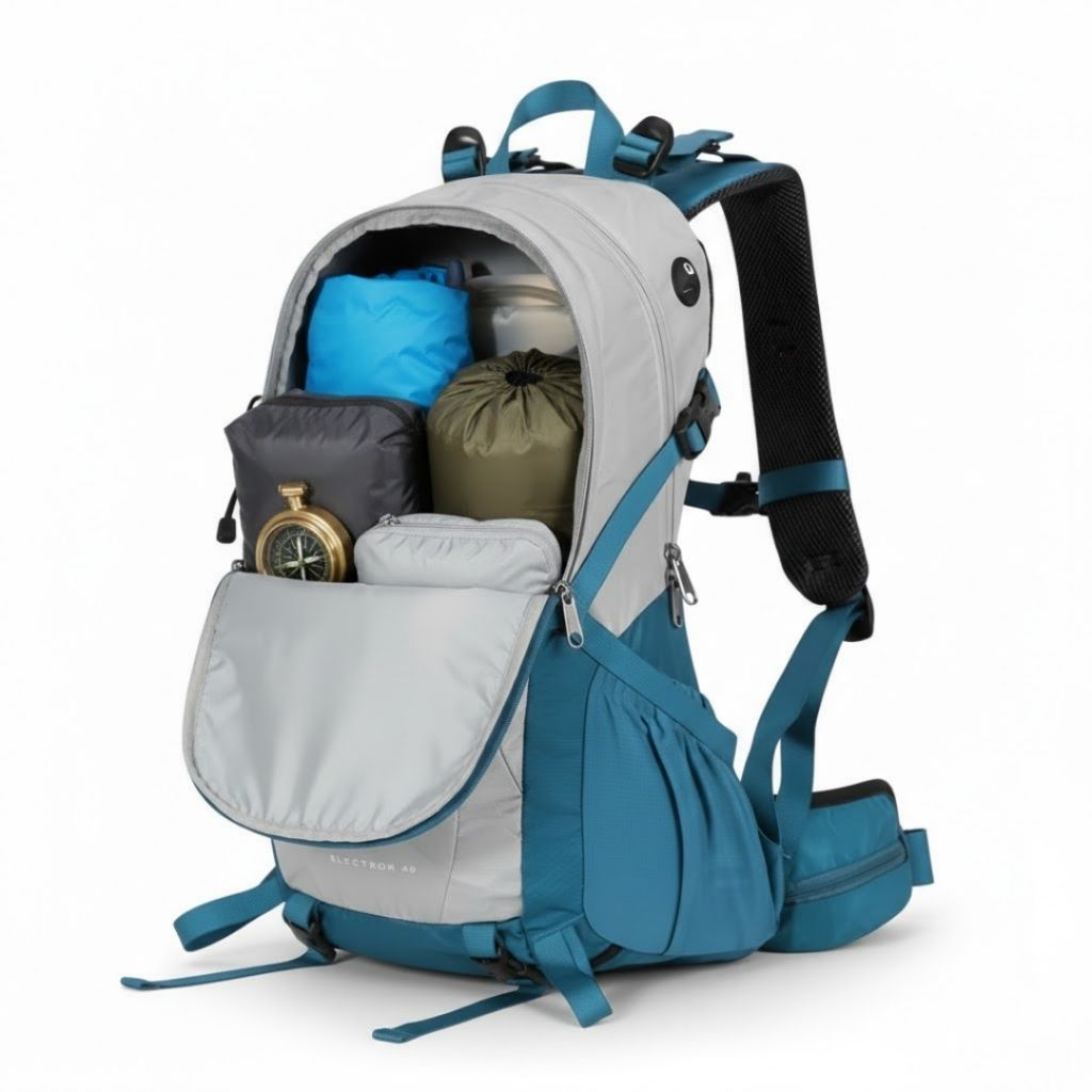 mochila de trilha 40 litros prateado lateral back aberto