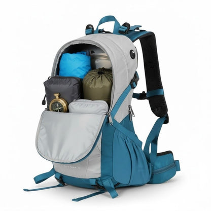 mochila de trilha 40 litros prateado lateral back aberto