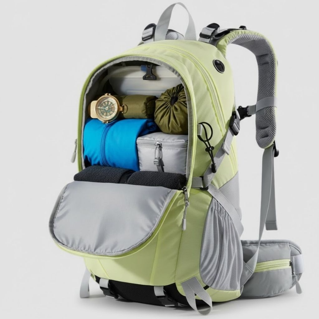 mocila de trilha aberta objetos