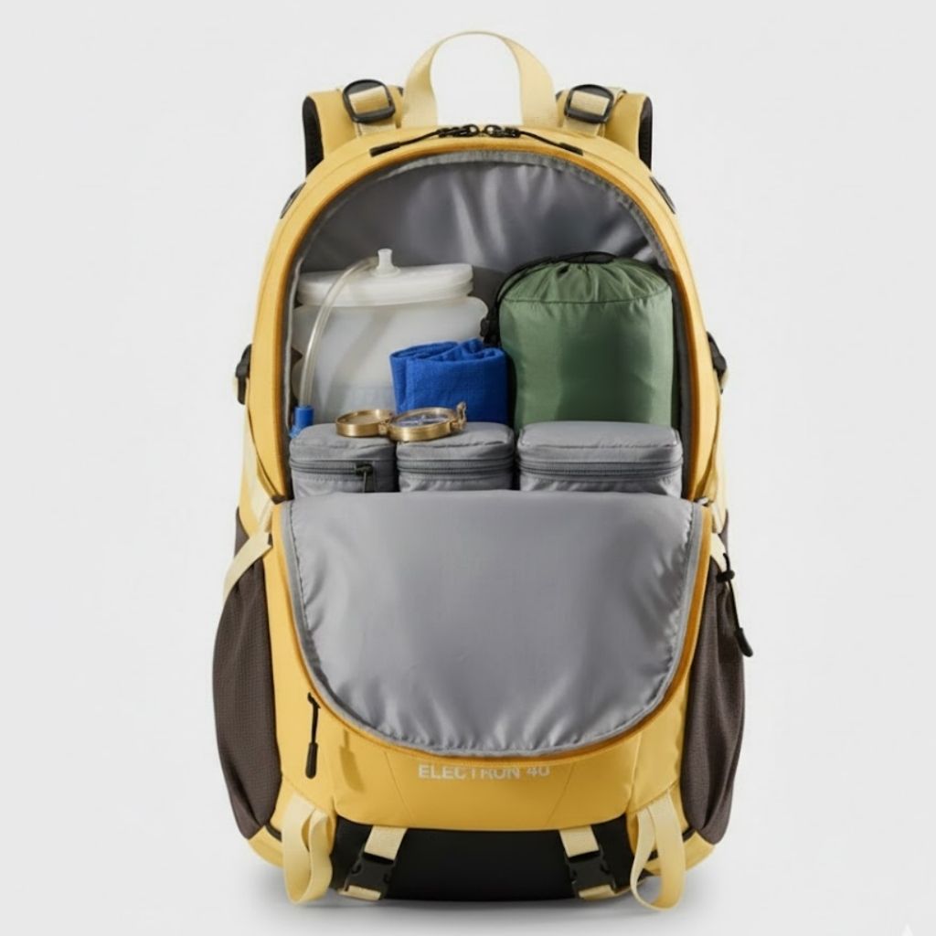 Mochila de trilha 40 litros costas amarela aberta