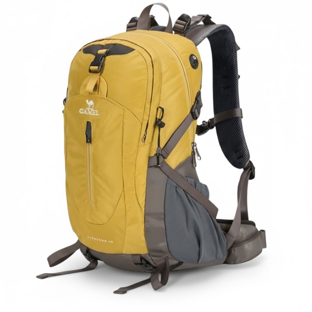 mochila de trilha amarelo kamel costas back lateral