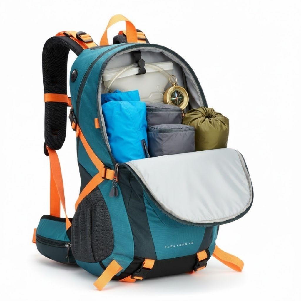 mochila de trilha azul petroleo aberta