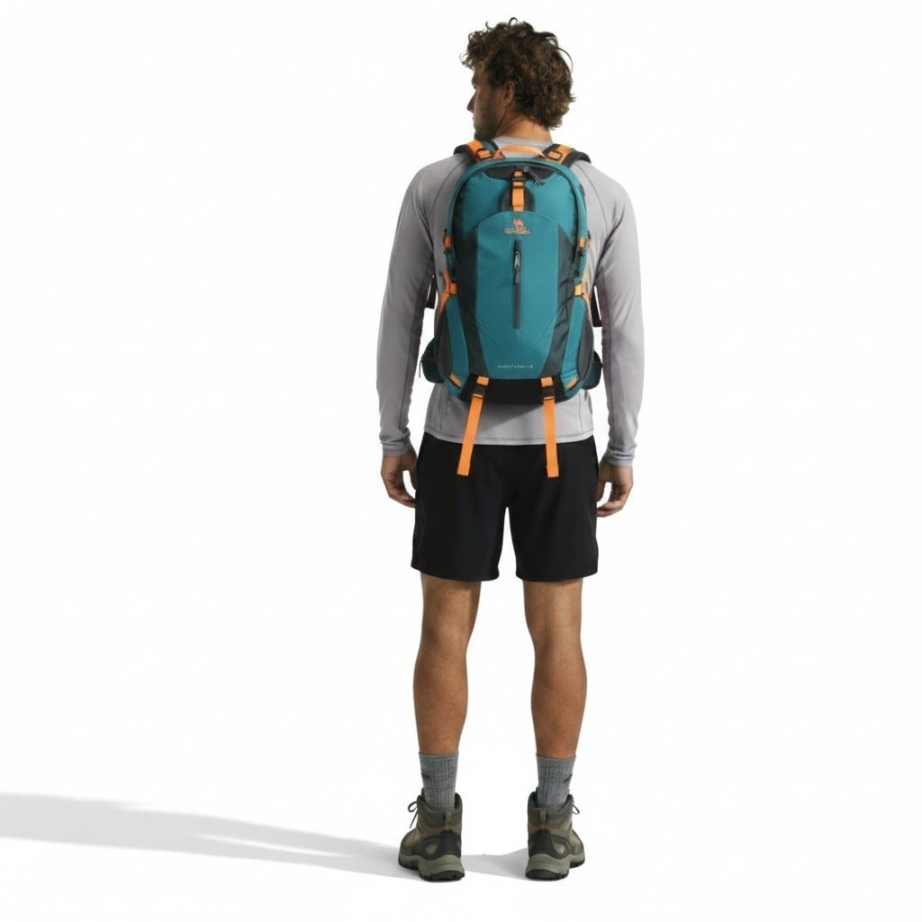 mochila de trilha azul petroleo modelo de costas