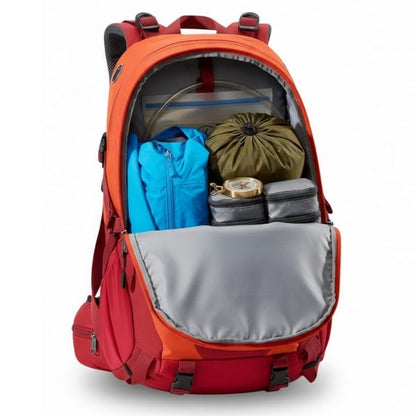 mochila de trilha vermelha interior