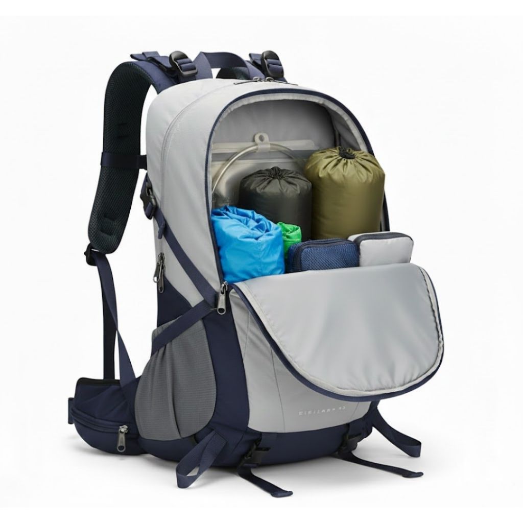 Mochila Hiker 40L  – Cinza Prata lateral aberta